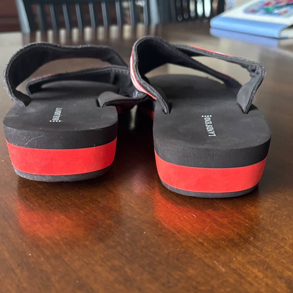 Lands' End Black Slide Sandals with Red & White Striped Cross Straps - Picture 5 of 7